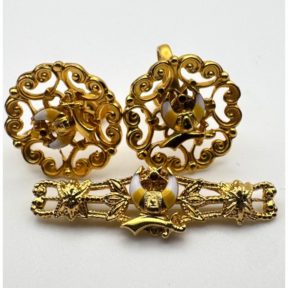 Vintage Masonic Brooch and  Earrings Set Filigree Bar Pin Crescent Sword D of N